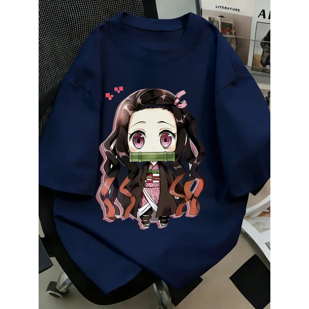 Navy blue plus size demon slayer anime printed t-shirt featuring chibi nezuko with pink eyes and bamboo gag