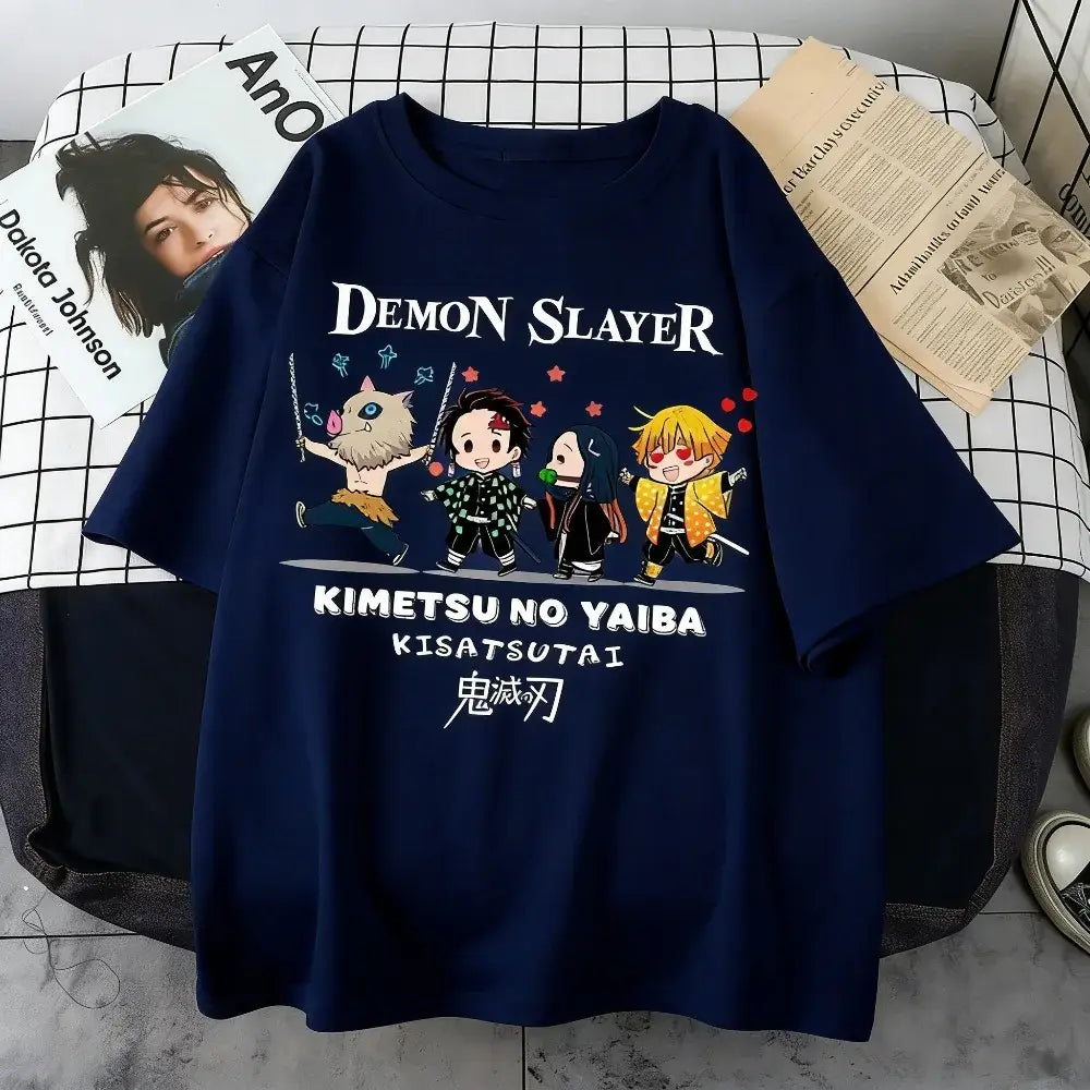 Navy blue demon slayer oversized t-shirt with chibi anime print and white japanese text plus size parent-child matching