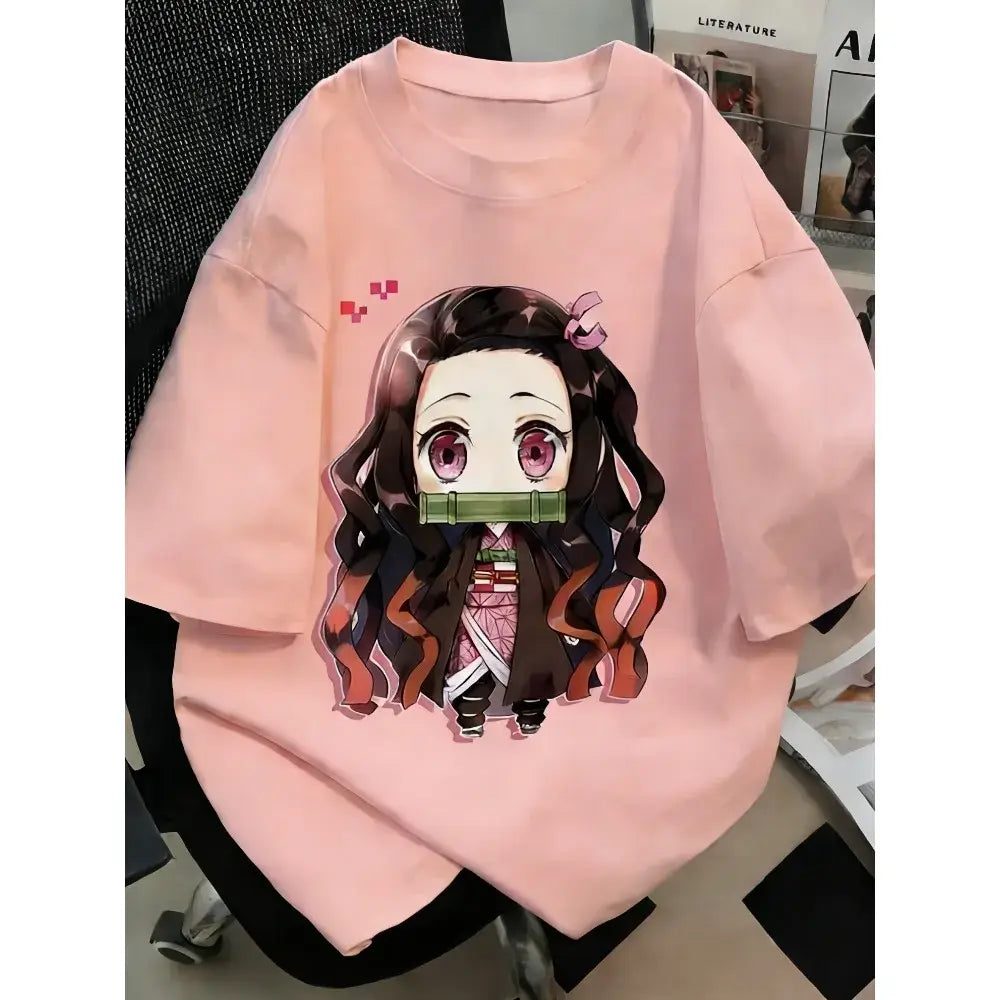Plus size pink oversized demon slayer t-shirt with anime printed chibi nezuko kamado graphic and bamboo gag design