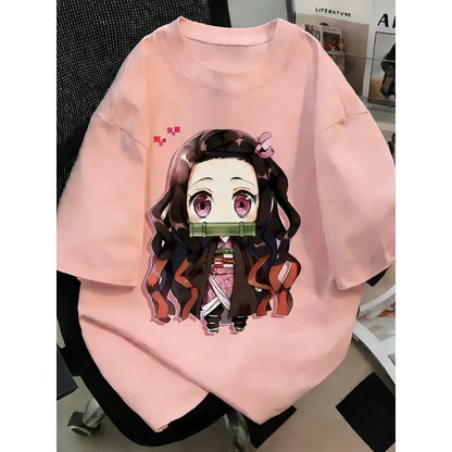 Plus size pink oversized demon slayer t-shirt with anime printed chibi nezuko kamado graphic and bamboo gag design