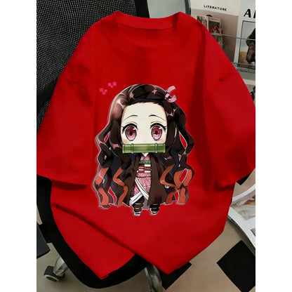 Plus size red demon slayer anime printed short-sleeved t-shirt with chibi nezuko kamado illustration and pink ribbon