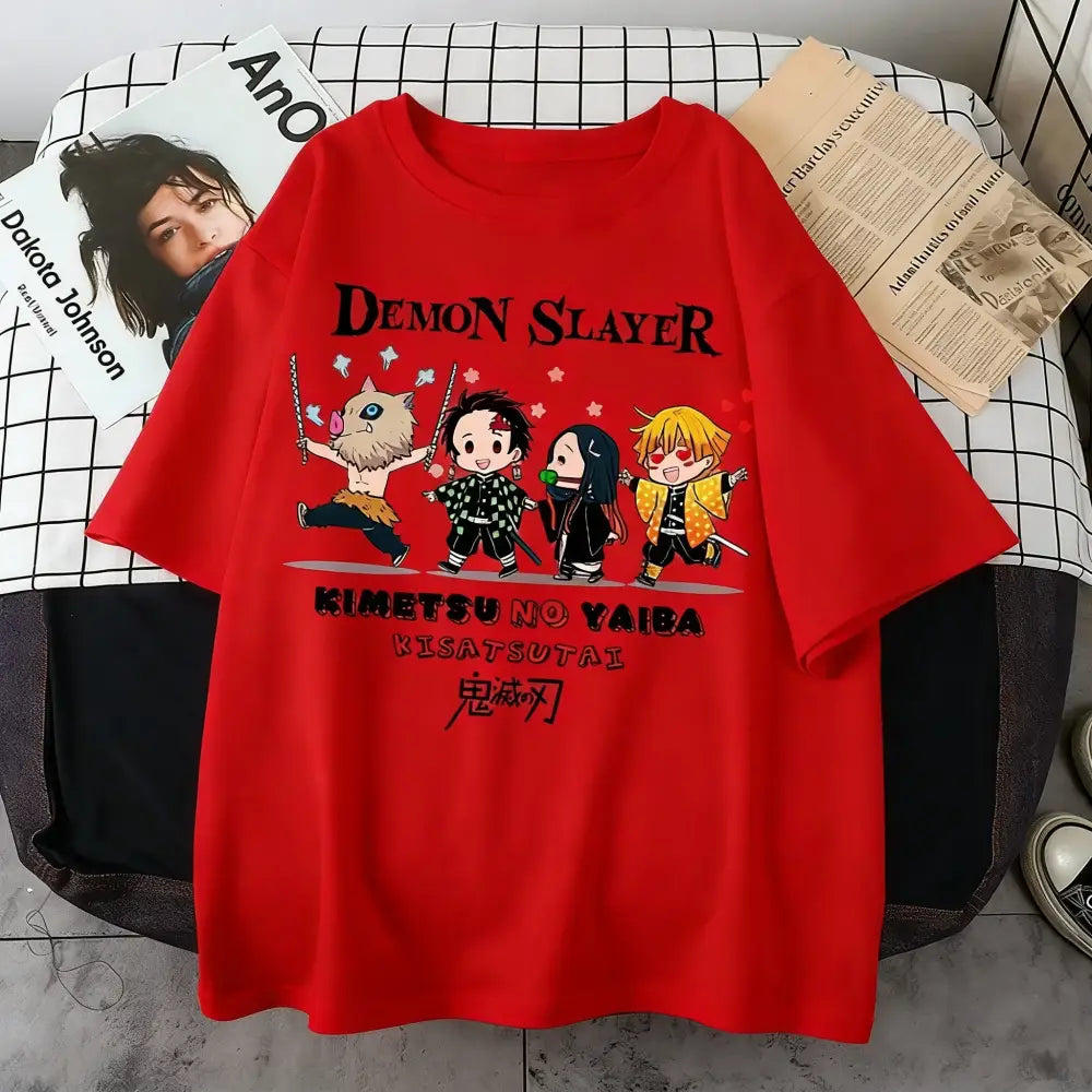 Vibrant red plus size demon slayer oversized t-shirt with cartoon tanjiro design and japanese kanji for parent-child matching