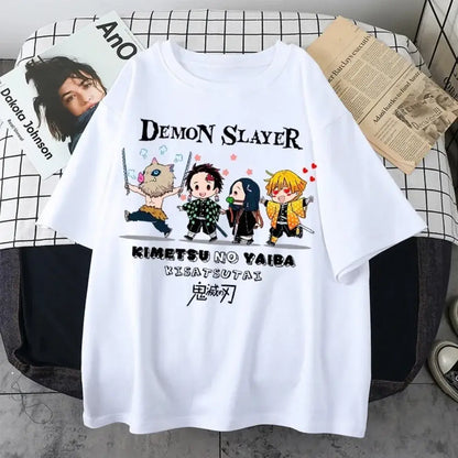 White cotton oversized t-shirt with colorful demon slayer anime print perfect for parent-child matching in plus size
