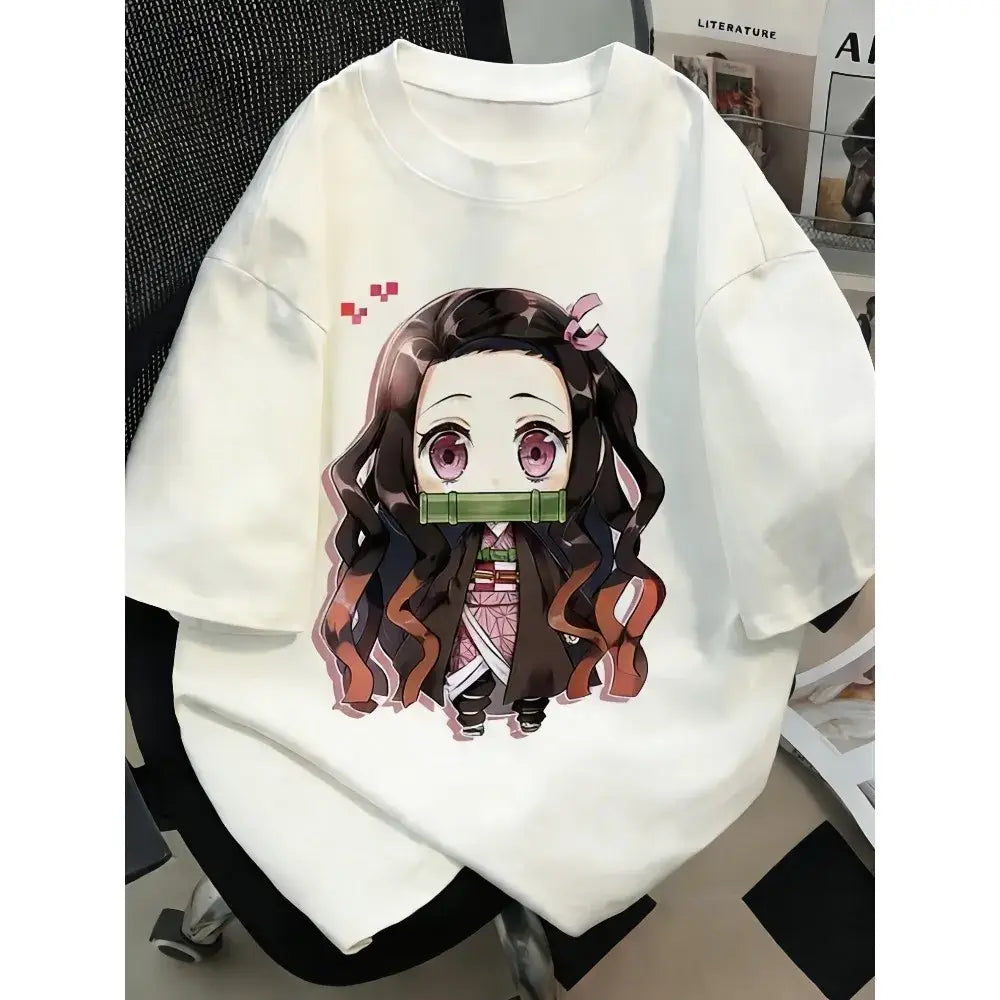 Plus size white oversized demon slayer t-shirt with anime printed chibi nezuko kamado design and green bamboo gag