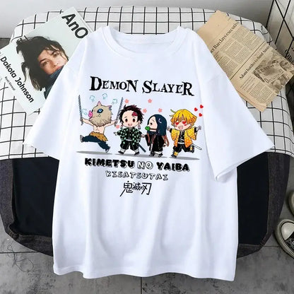 White cotton demon slayer oversized t-shirt with colorful anime print black text and japanese kanji for parent-child matching