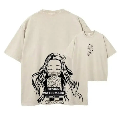 Beige oversized fit demon slayer t-shirt with vintage washed fabric featuring black ink anime character illustration on back