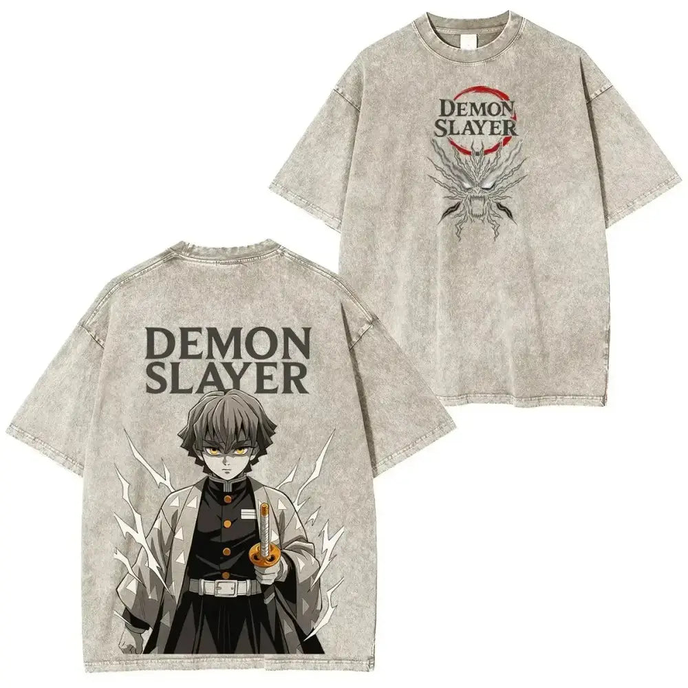 Faded gray cotton demon slayer oversized fit t-shirt with vintage washed anime graphic and demon head logo on back