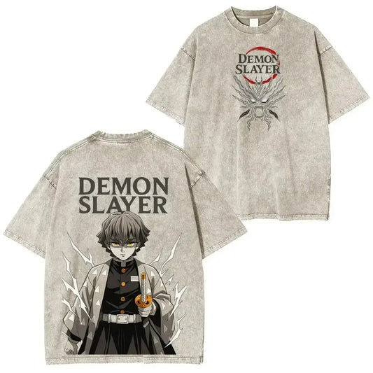 Faded gray cotton demon slayer oversized fit t-shirt with vintage washed anime graphic and demon head logo on back