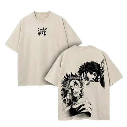 Beige oversized fit demon slayer t-shirt with vintage washed fabric and black ink anime character illustrations front and back