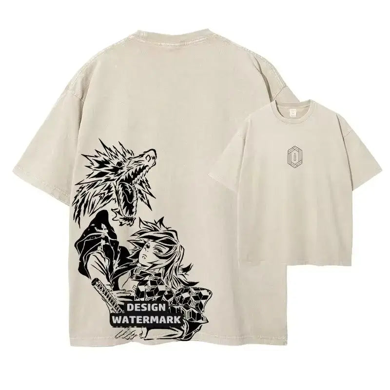 Beige oversized demon slayer t-shirt with bold black anime graphic and dragon in vintage washed fabric and oversized fit