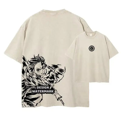 Beige oversized fit demon slayer t-shirt with vintage washed fabric bold black anime graphic on back and chest logo