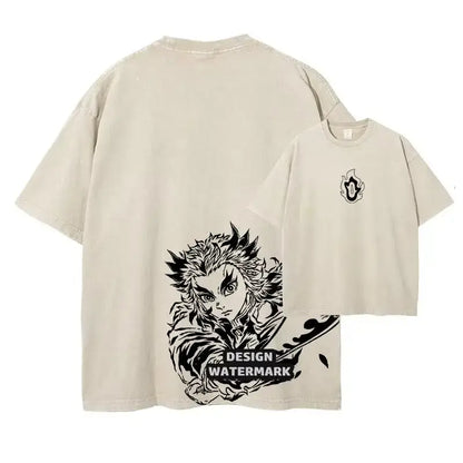 Beige demon slayer oversized fit t-shirt with vintage washed fabric and black ink anime illustration of tanjiro