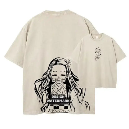Back of beige oversized fit demon slayer tanjiro vintage washed t-shirt with black ink anime character illustration