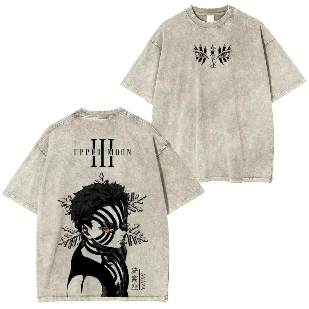 A faded gray cotton demon slayer tanjiro oversized t-shirt with vintage washed fabric and japanese text on the back