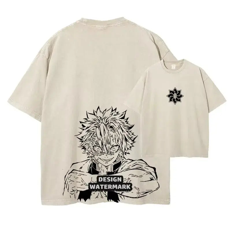 Beige demon slayer oversized fit vintage washed t-shirt with black and white anime graphic on back and star emblem front