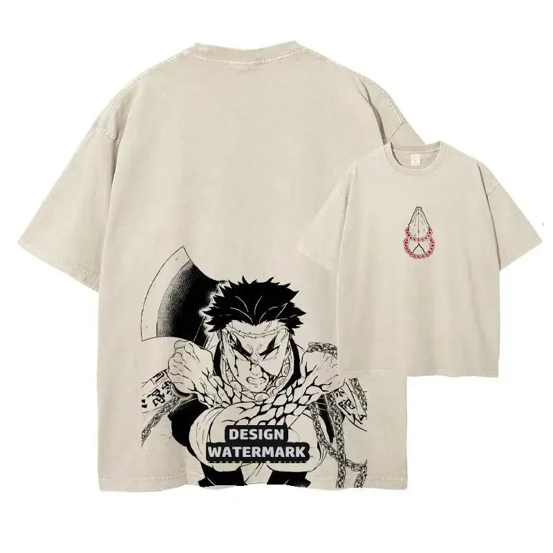 Beige oversized fit demon slayer t-shirt with vintage washed fabric featuring black and white anime graphic on back