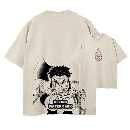 Beige oversized fit demon slayer t-shirt with vintage washed fabric featuring black and white anime graphic on back
