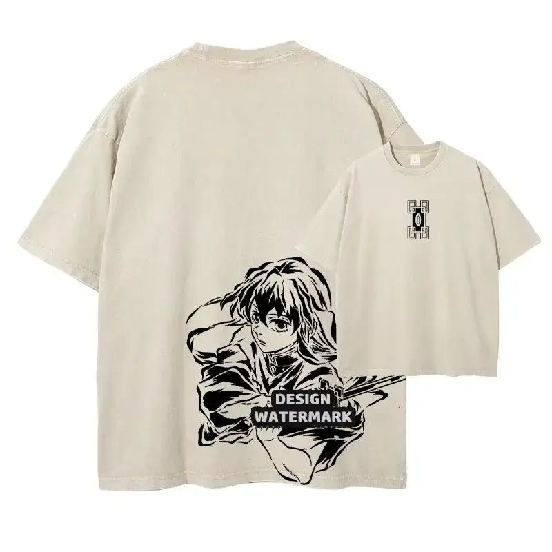 Beige oversized fit demon slayer t-shirt with vintage washed fabric and black ink anime character graphic on the back