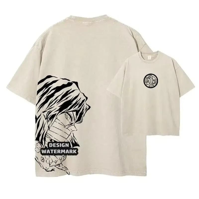 Beige demon slayer tanjiro oversized fit t-shirt with bold black anime graphic on back and circular emblem on chest vintage washed