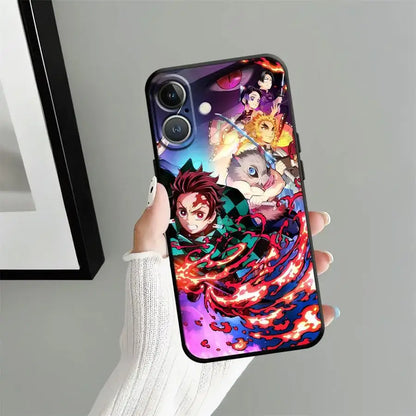 Vibrant demon slayer tanjiro phone case black soft cover with fiery anime artwork and glossy finish back side visible