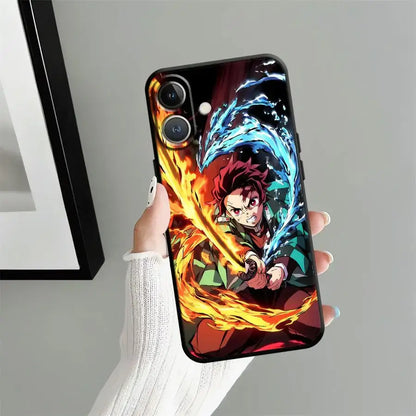 Vibrant anime-themed demon slayer tanjiro phone case with orange and blue flames on a black soft cover back side