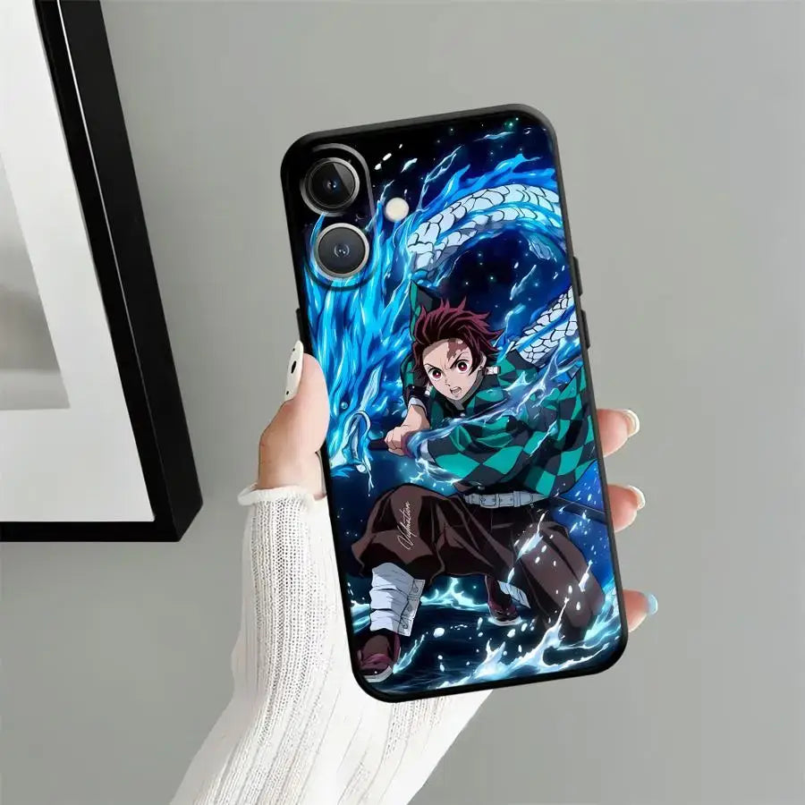 Black soft phone case featuring vibrant blue and green slayer tanjiro anime design with dynamic water effects on back