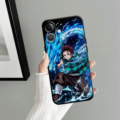 Black soft phone case featuring vibrant blue and green slayer tanjiro anime design with dynamic water effects on back