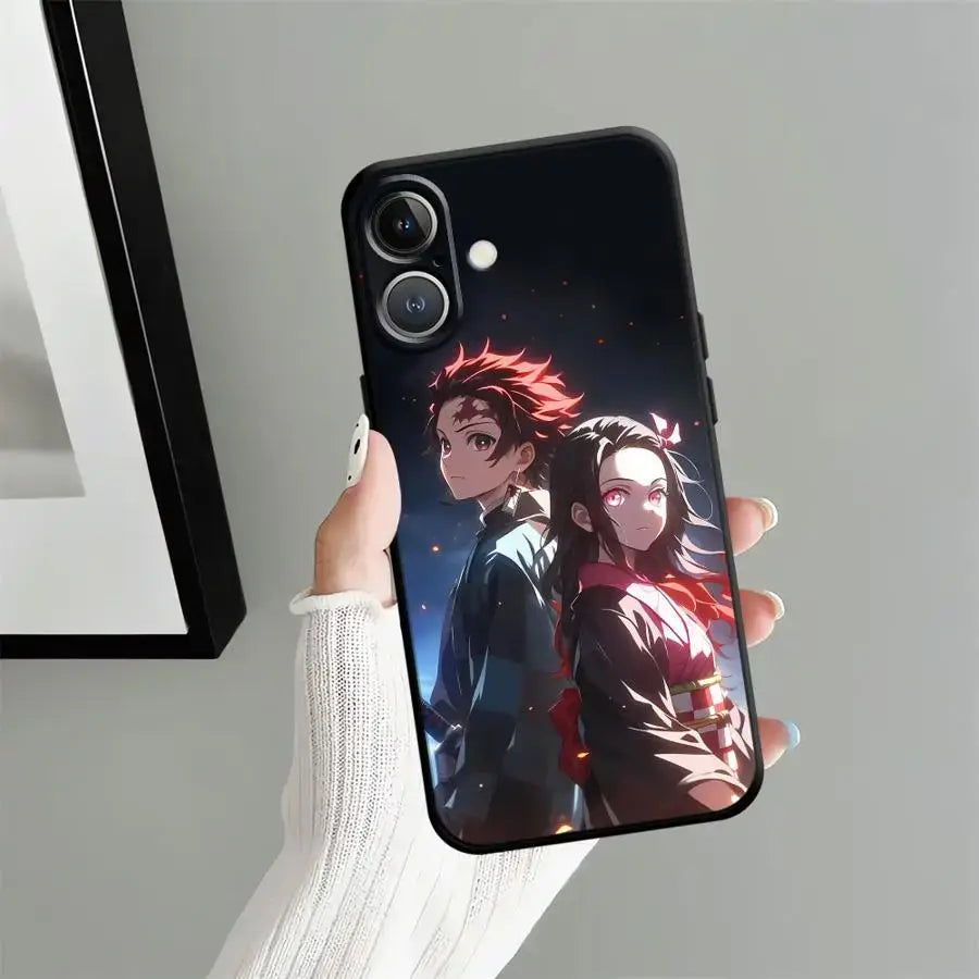 Black soft demon slayer tanjiro phone case with anime illustration of two characters on starry night backdrop