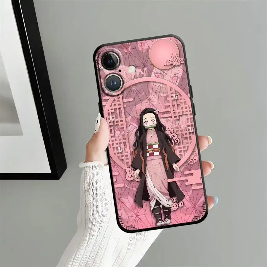 Pink anime-themed demon slayer tanjiro phone case with black soft cover featuring traditional character and geometric clouds