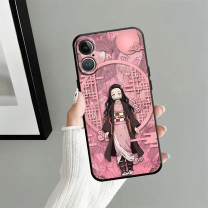 Pink anime-themed demon slayer tanjiro phone case with black soft cover featuring traditional character and geometric clouds