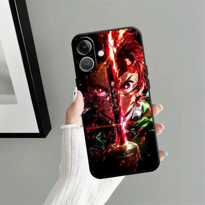 Black soft phone case featuring vibrant demon slayer tanjiro design with red hair and fiery effects on back side
