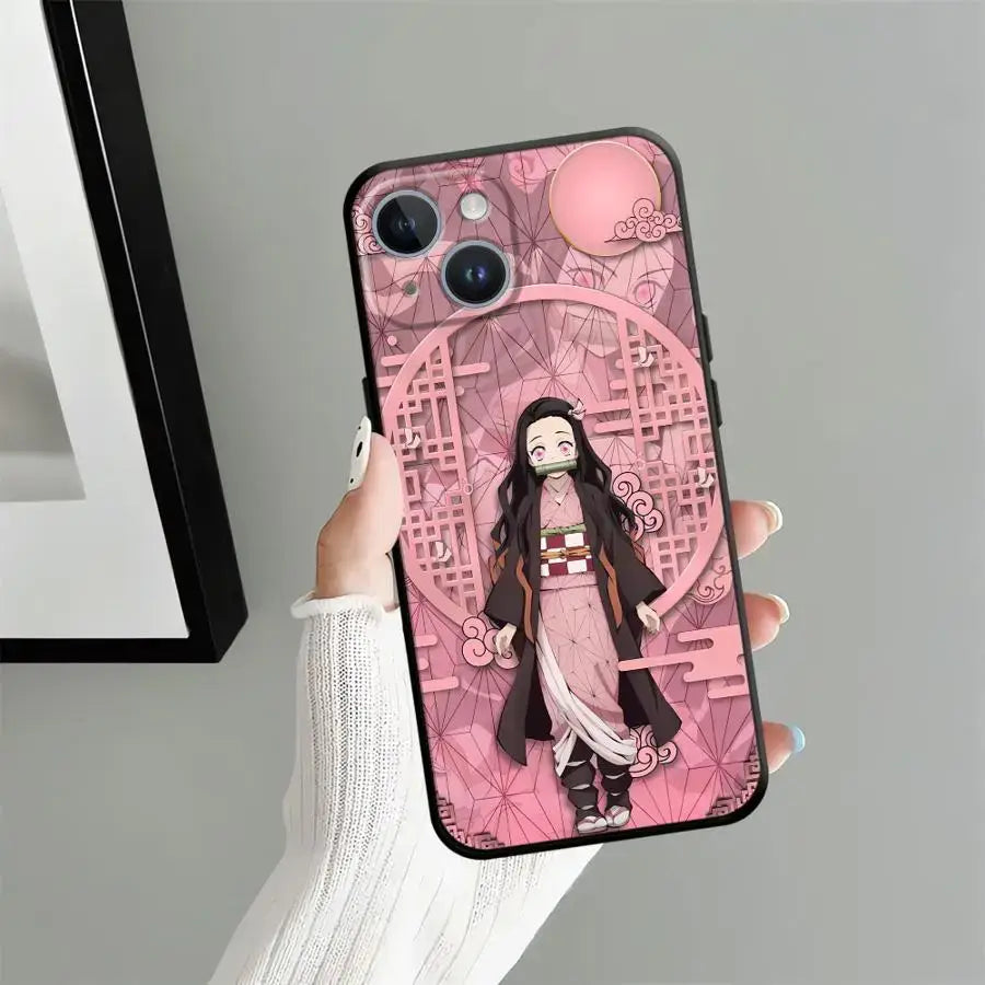 Pink demon slayer tanjiro phone case black soft cover featuring character in traditional attire with geometric cloud design back view