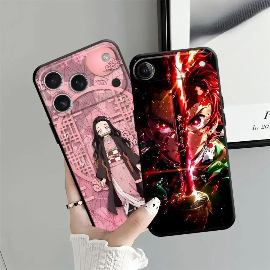 Two anime-themed phone cases featuring a black soft slayer tanjiro phone case with pink and red warrior designs