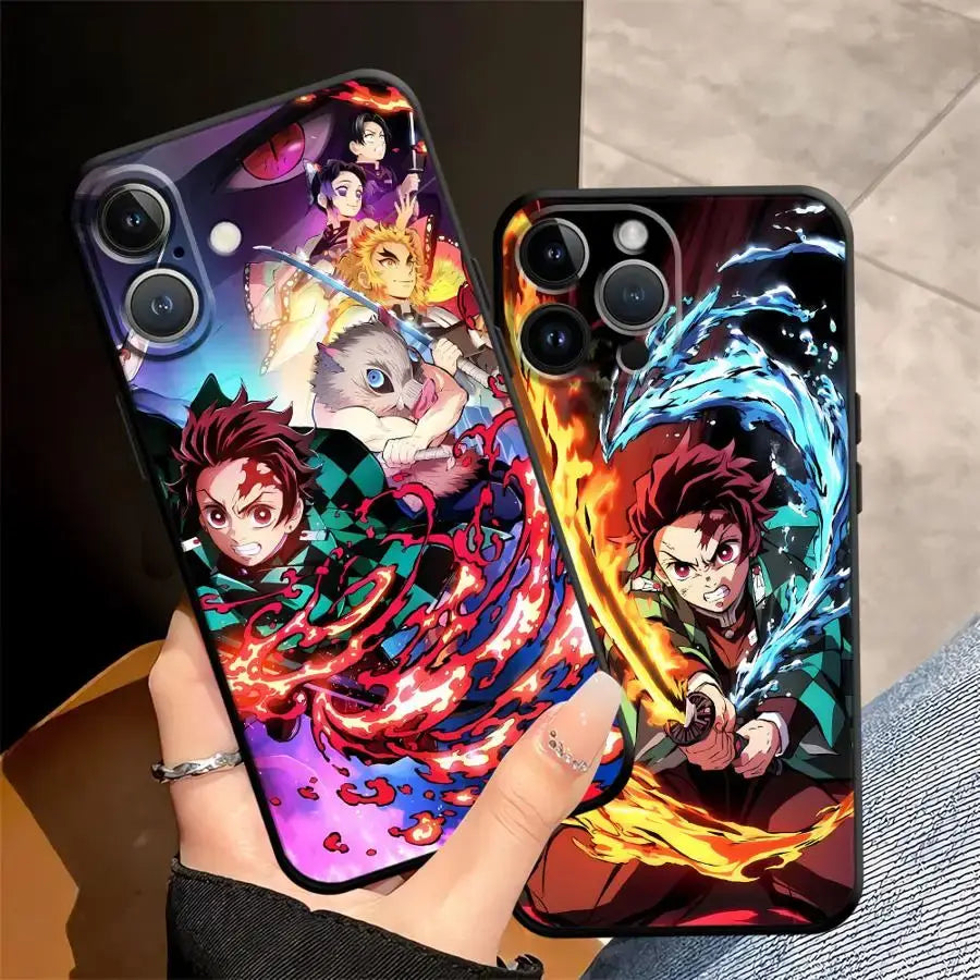 Black soft demon slayer tanjiro phone case featuring vibrant anime characters with flame and water effects