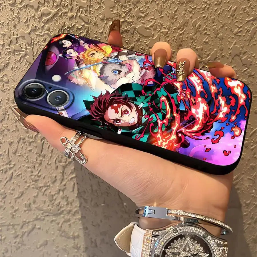 Vibrant demon slayer tanjiro phone case black soft cover with dynamic characters and bold red purple hues glossy surface