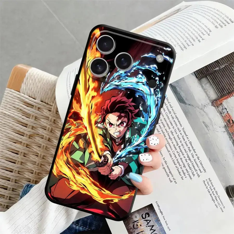 Black soft phone case featuring vibrant Demon Slayer Tanjiro design with fiery orange and blue energy swirls on the back