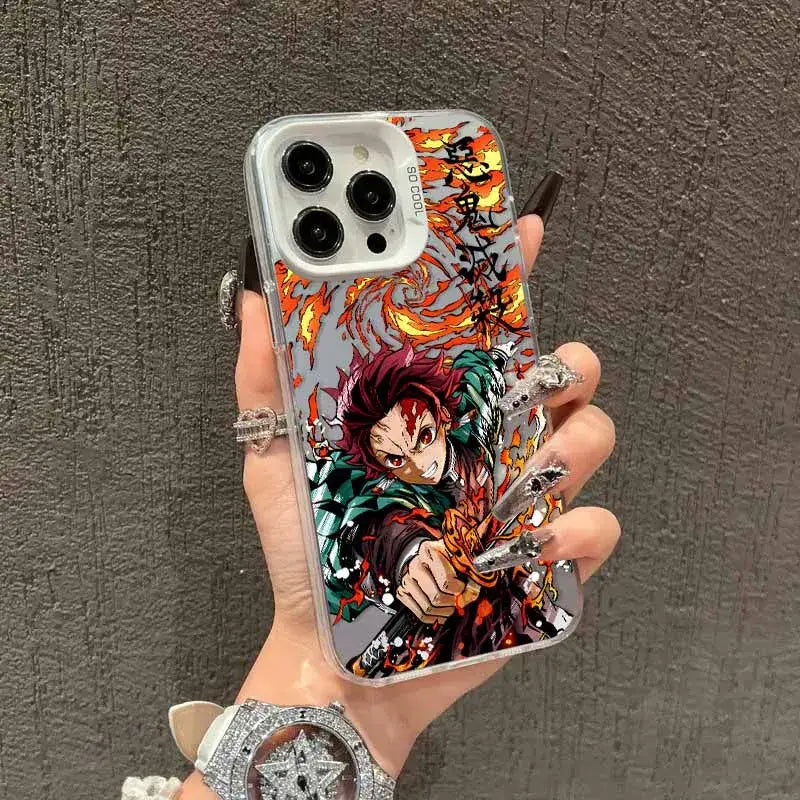 Clear demon slayer tanjiro phone case with red hair anime character in green armor on transparent material with fiery flames