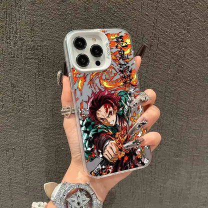 Clear demon slayer tanjiro phone case with red hair anime character in green armor on transparent material with fiery flames