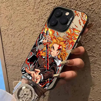 Glossy black demon slayer tanjiro phone case with vibrant anime illustration and fiery flames on the back side
