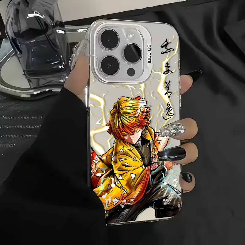 Back side of a transparent demon slayer tanjiro phone case with colorful anime illustration and gold lightning design