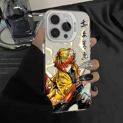 Back side of a transparent demon slayer tanjiro phone case with colorful anime illustration and gold lightning design