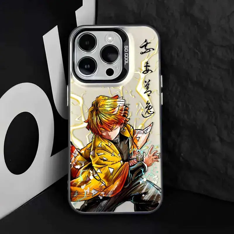 White demon slayer tanjiro phone case with vibrant anime illustration and japanese calligraphy on the back side