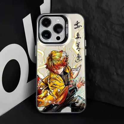 White demon slayer tanjiro phone case with vibrant anime illustration and japanese calligraphy on the back side
