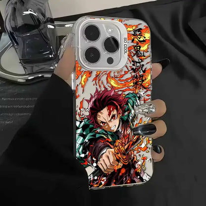 Transparent demon slayer tanjiro phone case with vibrant illustration and fiery orange flames featuring japanese calligraphy