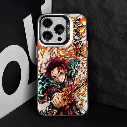 Vibrant demon slayer tanjiro phone case with fiery orange and red flames on a white background colorful cover