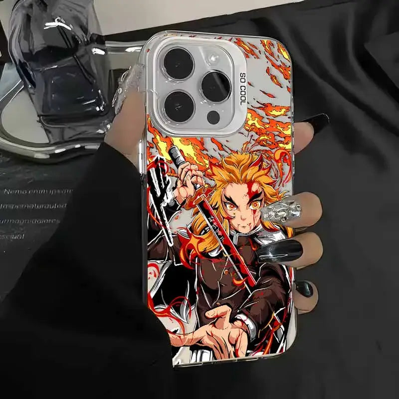Transparent phone case with vibrant fiery tanjiro from demon slayer holding swords amid flames for slayer tanjiro phone