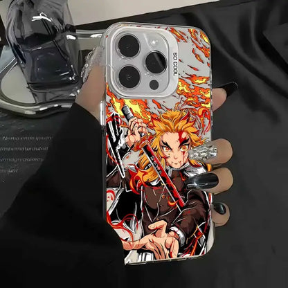 Transparent phone case with vibrant fiery tanjiro from demon slayer holding swords amid flames for slayer tanjiro phone