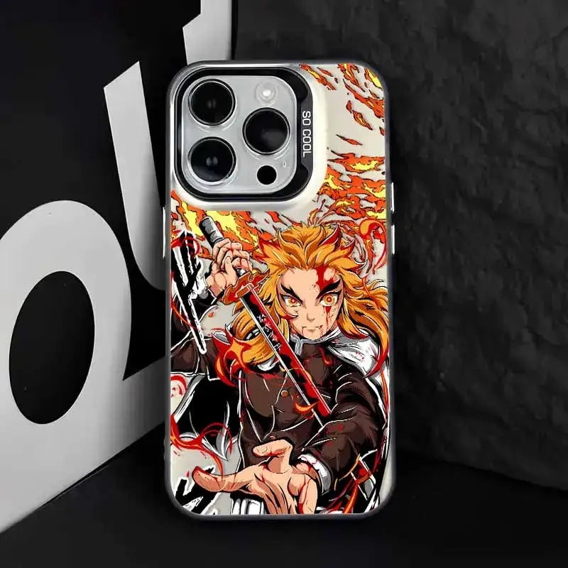 Demon slayer tanjiro phone case with fiery illustration of tanjiro holding swords featuring vibrant orange and red colors