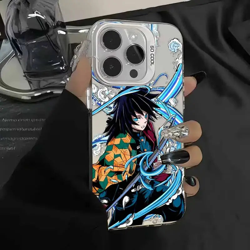 Clear demon slayer tanjiro phone case with black hair anime character in a green orange jacket and blue energy swirls