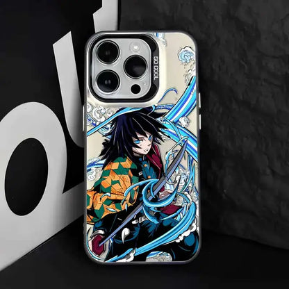 Vibrant demon slayer tanjiro phone case with character in orange green jacket and blue hair holding swords with blue energy